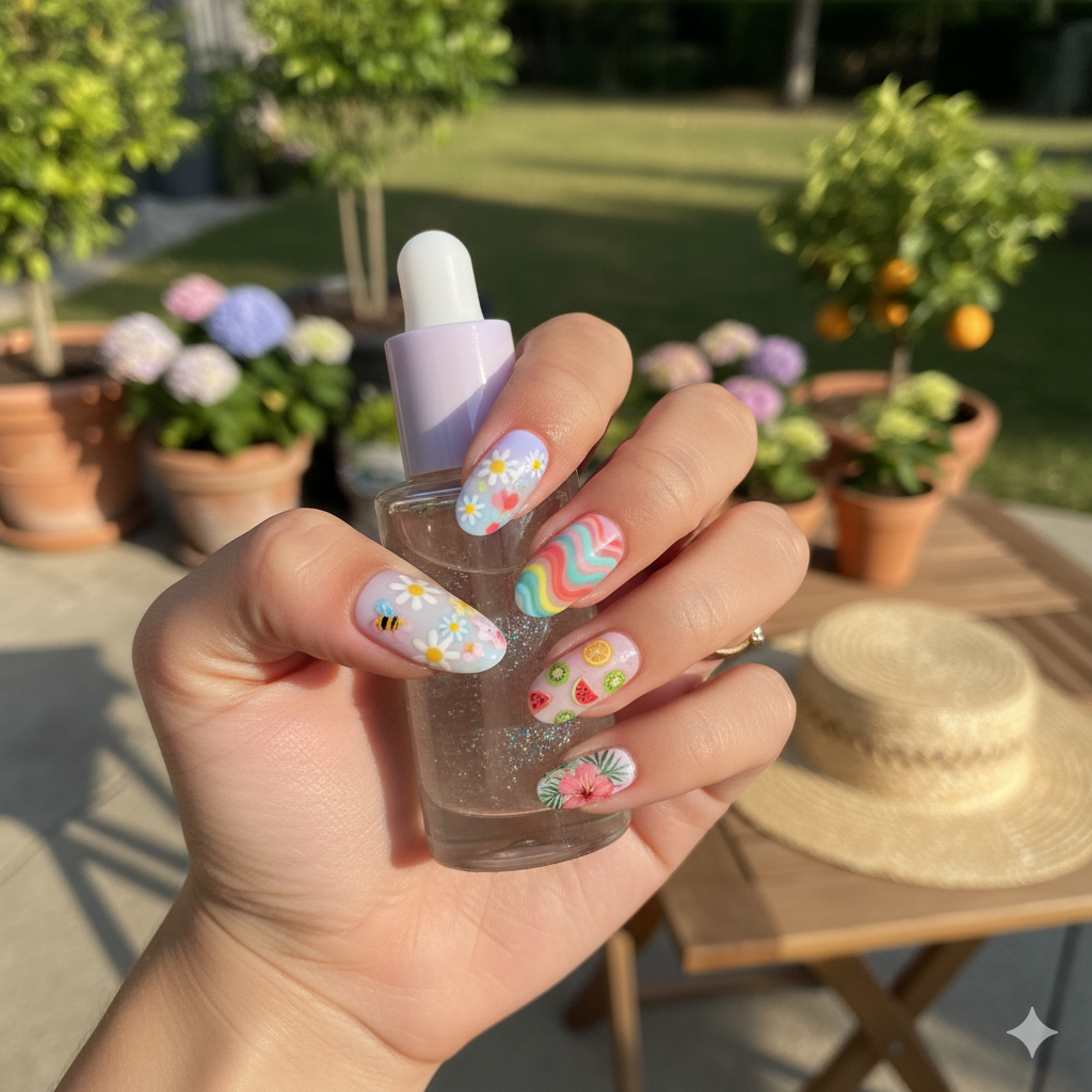 Manucure facile et tendance pour le printemps et l'été. Des press-on nails aux couleurs vives et aux motifs joyeux pour illuminer vos journées ensoleillées.